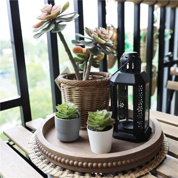 Round Wood Serving Tray Rustic Centerpiece Ottoman Tray Home Decor Organizer - Picture 3 of 7